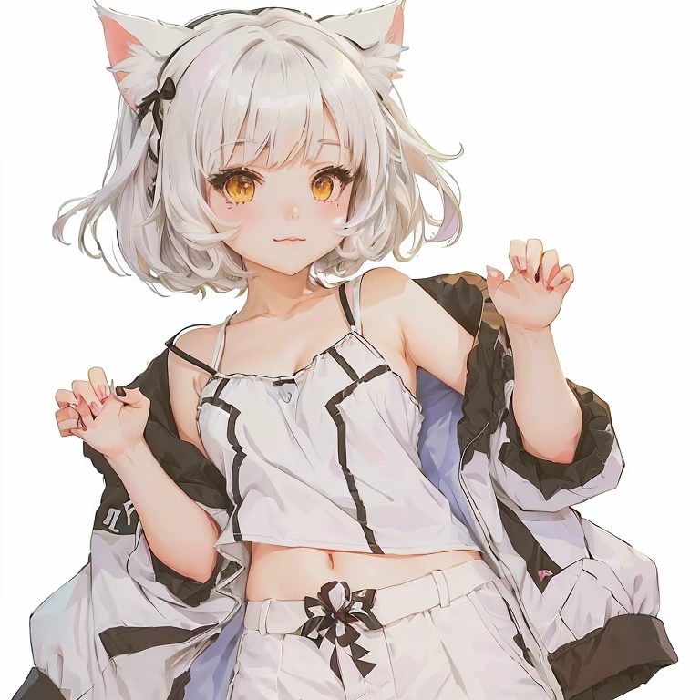 anime girl with cat ears and a white top and white pants, neferpitou, white cat girl, cute anime catgirl, white - haired fox, with index finger, anime girl with cat ears, anime catgirl, kantai collection style, anime moe artstyle, nyaruko-san, white ( cat ) girl, beautiful anime catgirl, no type