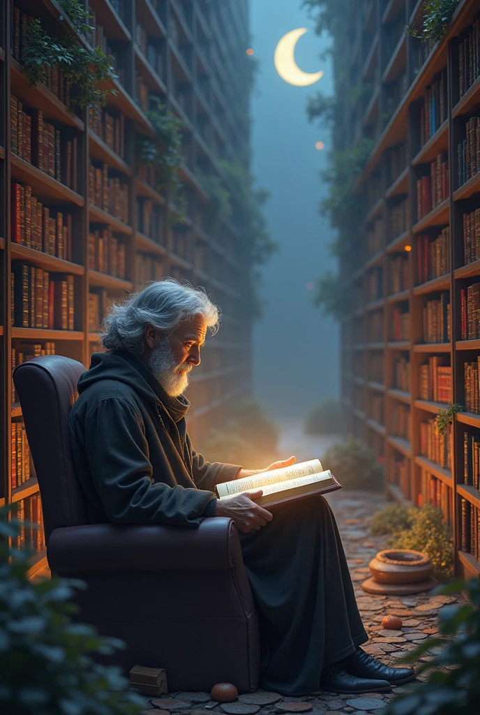 One person、Gray-haired、Picture book reading、Storytelling、A huge number of bookshelves in the background、Fantasy、Healing、relax、Fantasy、Beautiful
