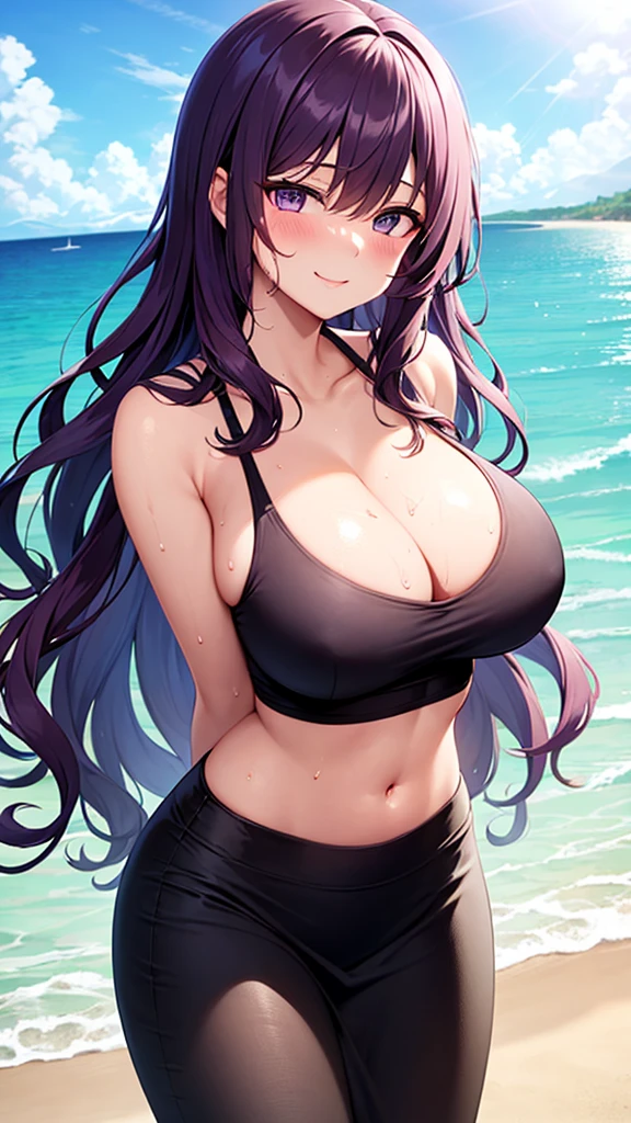 masterpiece, best quality, high detail, beautiful woman, solo focus, long wavy hair, purple hair, large bust, (pink tank top), (black maxi pencil skirt), long skirt, purple, midriff, navel, wide hips, looking at viewer, lower body, full-face blush, smile, beach, summer, cloudy sky, sun, sweaty, very sweaty, ocean waves,