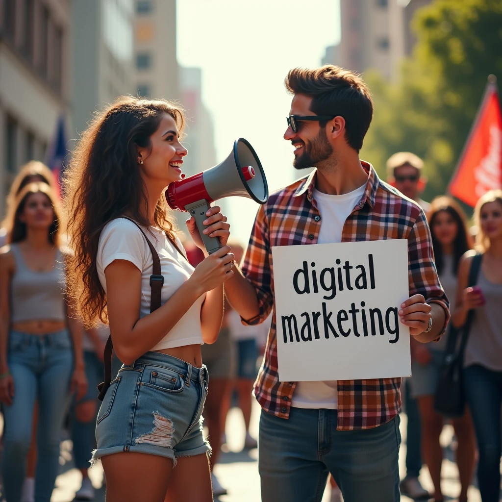 There are two people on a street: An attractive brunette woman, with a megaphone, speaking through the megaphone, looking at the spectators very sexy, hair with look, He wears casual shorts and a T-shirt, Beautiful Latina next to her there is an attractive man with glasses, with a pair of trousers and a plaid shirt, frontal view,holding a sign with his hand that says digital marketing, natural light.