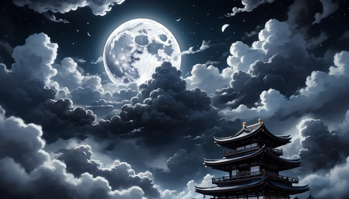 Manga style, Highest quality, Super Fine, 16K, Incredibly absurd, Very detailed, delicate, , Moonlit Night, Create an illustration with a serene night sky featuring a bright full moon and black clouds. The clouds should have a traditional Japanese or Chinese style, with intricate patterns and curves. The scene should capture the moment when the clouds are parting, revealing more of the moon and stars, symbolizing the clouds clearing away. The overall atmosphere should be calm and mystical, with the clouds appearing to slowly dissipate. No one exists.