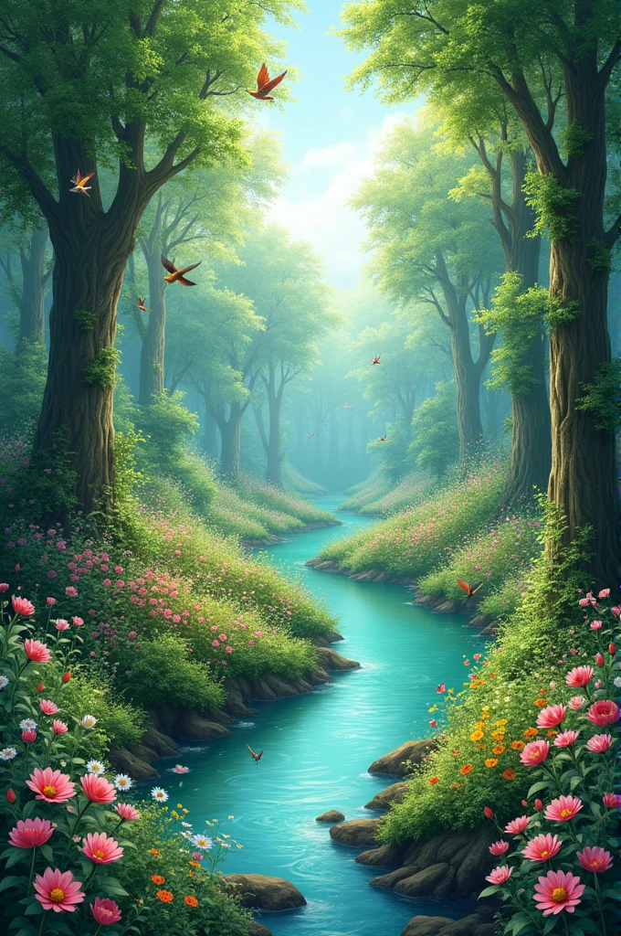 forest with river, flowers and birds (4k hd)