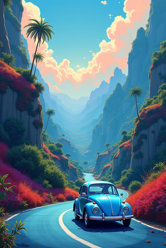 (illustration) 2D, The illustration is captured from a high vantage point, showcasing a beautiful vertical landscape with vibrant and intense colors. The road that winds up the tropical forest and then gracefully disappears into the horizon, cutting through wide open fields. The sky above is a captivating mix of strong blue, orange, red, pink, and white, with wispy clouds that gently float across the scenery. On the road's surface, there's barely any sign of movement, adding to the serene and natural beauty of the landscape. The light blue classic VW Beetle stands in front view out against the quietness of the surroundings, creating a focal point in the scene. Its contours and details are clearly drawn, emphasizing its modern and comfortable design. The background is a mix of green, red, orange and purple hills, with blue and psychedelic tones, creating a fantasy atmosphere. The road's surface has a light blue texture, adding to the overall aesthetic quality of the image.
