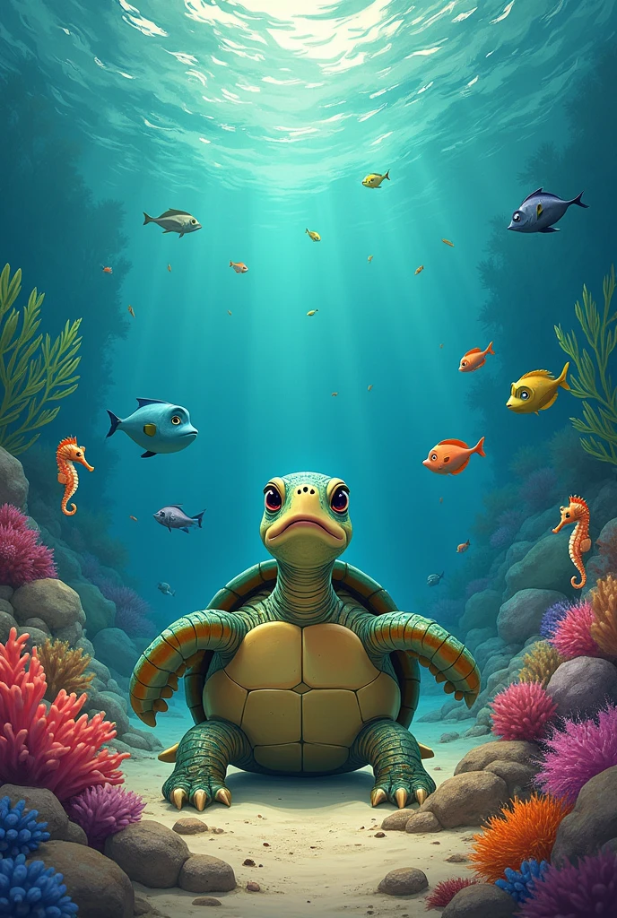 a strong current swept through the reef, and many sea creatures lost their way. The wise old turtle, Toby, called for help, but no one was brave enough to swim against the current."
Illustration: A worried Toby the Turtle talking to sea creatures like colorful fish and shy seahorses.