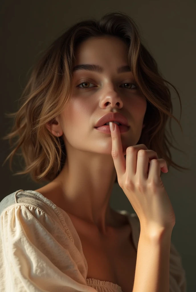 A pretty woman, europea, with the potential to be a great influencer, with a tender face, with a little shame, testing his bad breath on his hand