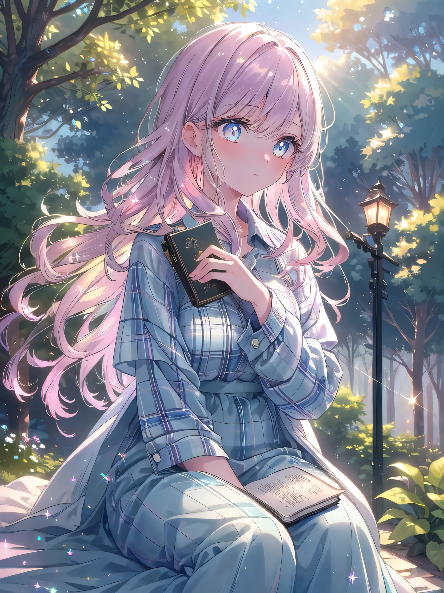 ((8k, Highest quality, masterpiece: 1.3)),Ultra-high resolution,(1 girl, alone), (Color changing eyes, Ultra-detailed, Expressive brilliance, Glitter, Glowing Eyes), Highly detailed eyes, Highly detailed face, Random Hair, ((pastel colour))Relaxing on the Porch: A woman with long, wavy hair, dressed in a plaid shirt and jeans, sits on the porch of a house surrounded by tall, slightly swaying trees. The air is cool, and she’s wrapped herself in a light blanket. She holds a book in her lap but looks up with a thoughtful expression as she listens to the sounds of nature. The sunlight filters through the trees, casting a warm glow on her face.