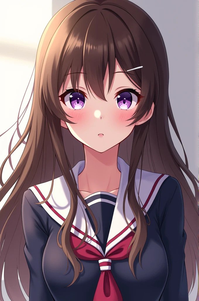 (anime hentai) a beautiful 1 girl, White skin, violet eyes and brown hair, wearing a school uniform 