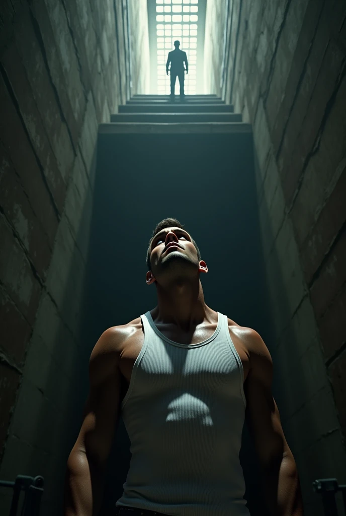 Create the image of a strong, young white man,he is wearing a white ribbed American tank top, he is trapped in a large well-shaped prison,deep, dark and hit , he is standing looking up,where he sees the exit and also the silhouette of a man in a suit looking back at him