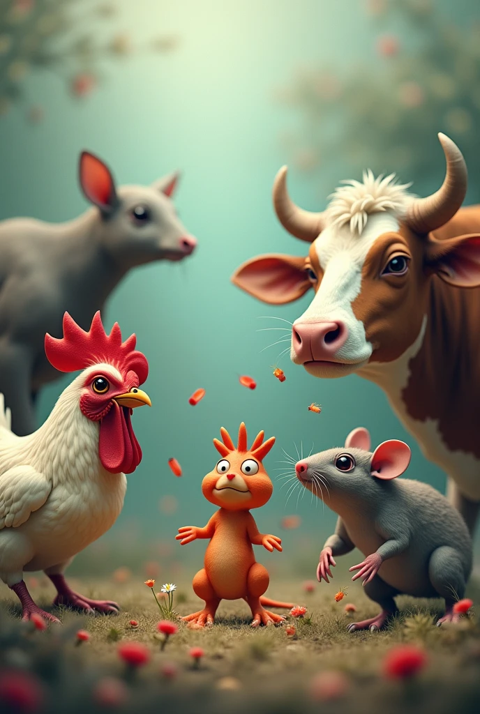 Chicken, cow, rat , shrimp in the middle of the image