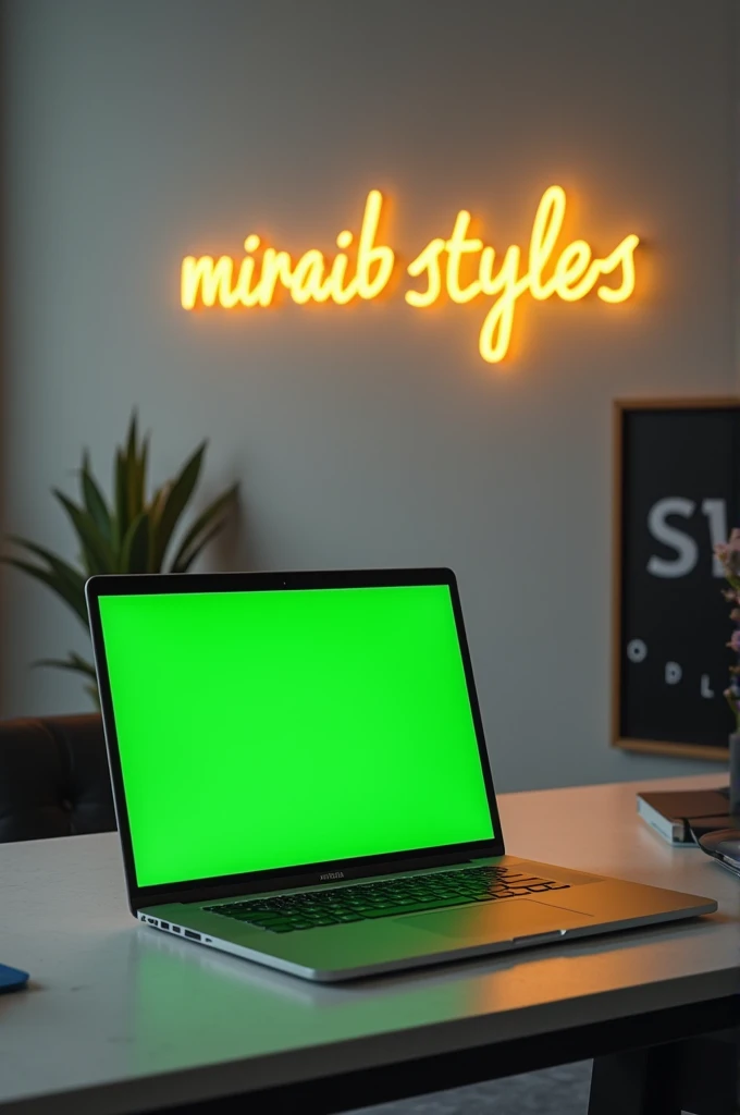 Green Screen leptop on the table
In background gray wall written on the wall "Miraib Styles" yellow Neon light
And pictures is portraitsize
