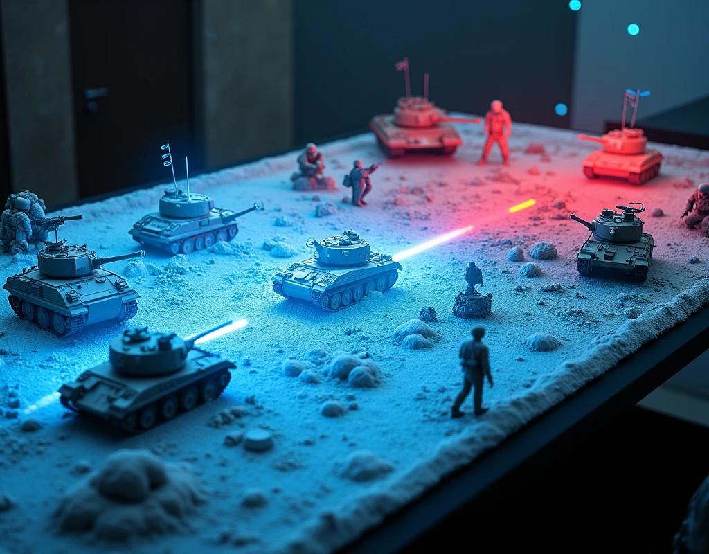 A hologram showing the battle between the red and blue sides is displayed on the sand table