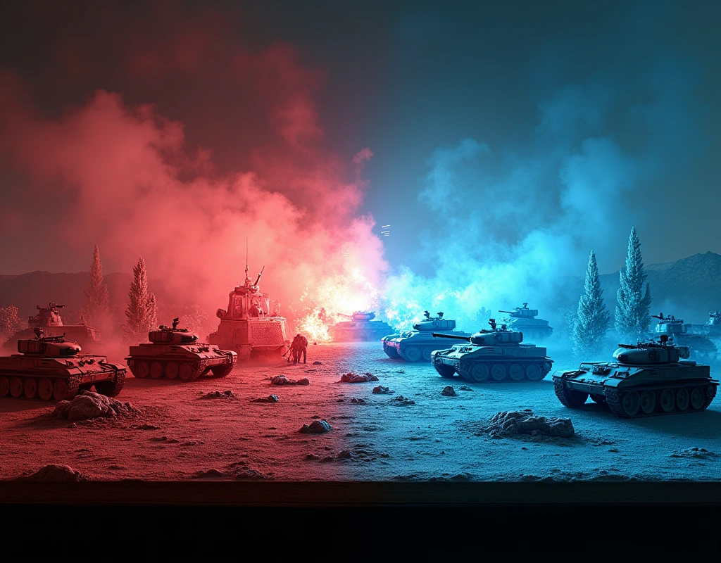 A hologram showing the battle between the red and blue sides is displayed on the sand table