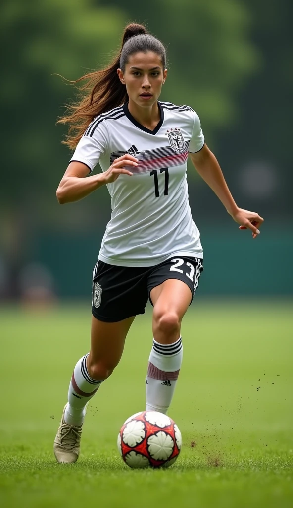 A very beautiful woman dribbling, Germany national team green uniform, whole body