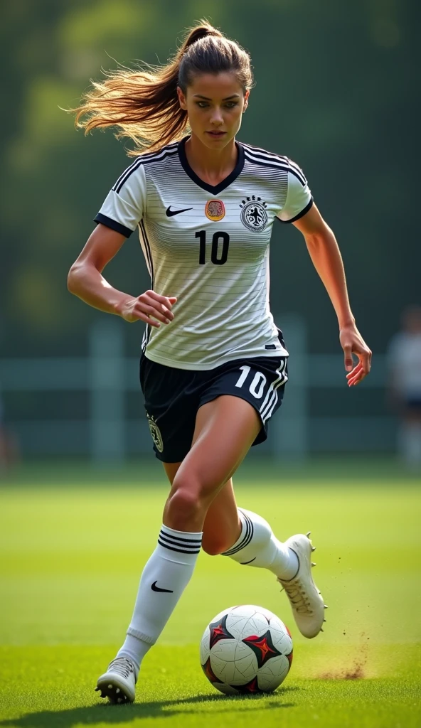 A very beautiful woman dribbling, Germany national team green uniform, whole body