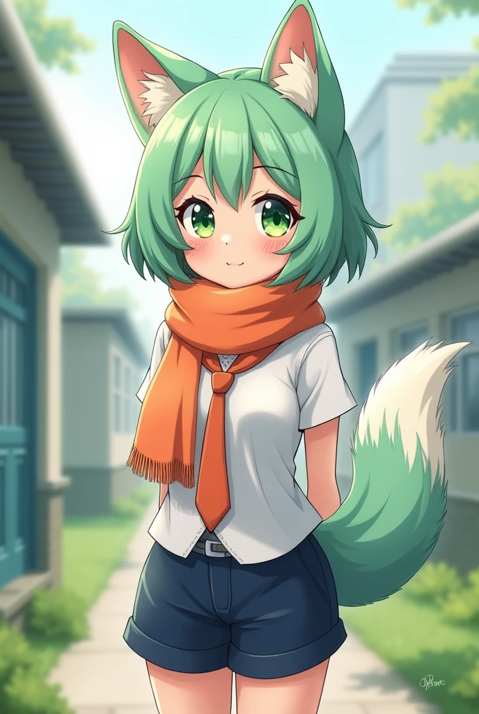 A 1 high school girl with mint green short hair and adorable mint green wolf ears. She has large, heart-shaped green eyes that radiate friendliness and cuteness. Dressed in a school uniform, she wears a crisp white shirt and dark blue shorts, complemented by an orange scarf and matching orange necktie. Her mint green wolf tail adds a whimsical touch to her appearance. Her friendly expression reflects her disciplined nature, showcasing her positive attitude and vibrant personality."