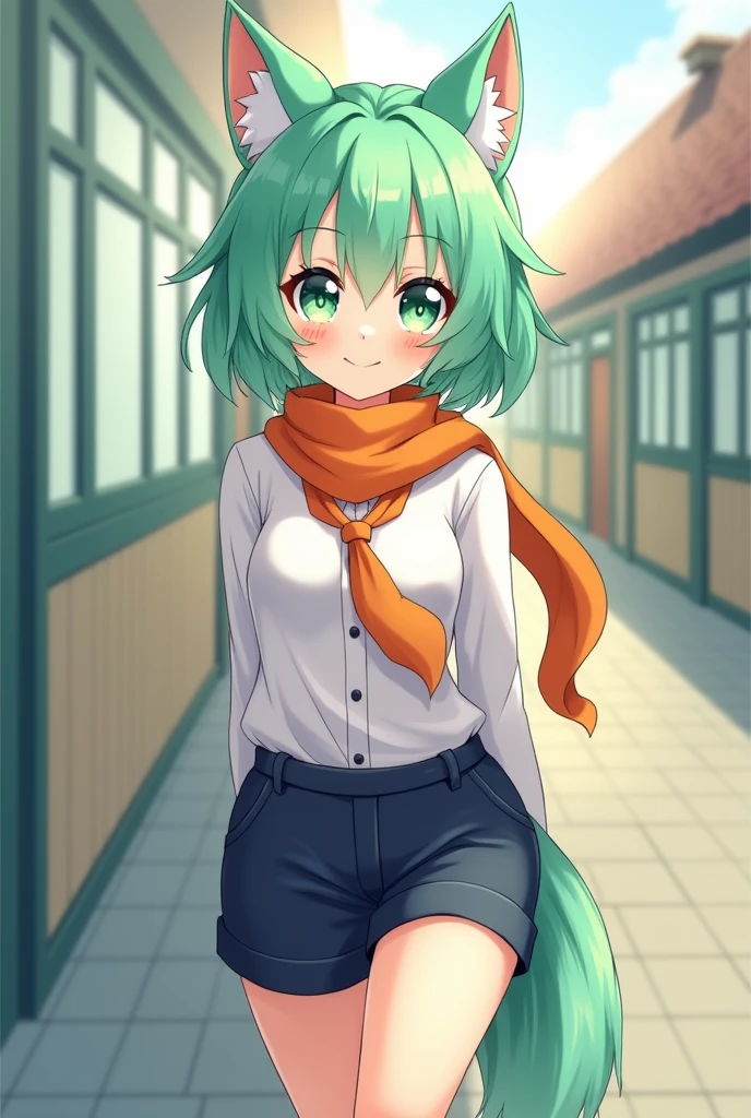 A 1 high school girl with mint green short hair and adorable mint green wolf ears. She has large, heart-shaped green eyes that radiate friendliness and cuteness. Dressed in a school uniform, she wears a crisp white shirt and dark blue shorts, complemented by an orange scarf and matching orange necktie. Her mint green wolf tail adds a whimsical touch to her appearance. Her friendly expression reflects her disciplined nature, showcasing her positive attitude and vibrant personality."