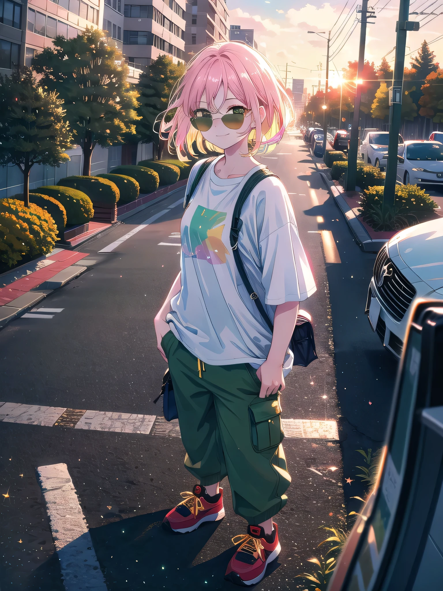 ((8k, Highest quality, masterpiece: 1.3)),Ultra-high resolution,(1 girl, alone), (Color changing eyes, Ultra-detailed, Expressive brilliance, Glitter, Glowing Eyes), Highly detailed eyes, Highly detailed face, Random Hair, ((pastel colour))A bustling city street in the late afternoon, with a backdrop of trees just starting to turn color. The woman is casually dressed in a loose-fitting white graphic tee tucked into olive-green cargo pants. She’s standing on the sidewalk, one hand in her pocket, the other adjusting her sunglasses as she looks directly at the camera. Expression: A playful, confident smirk. Details: Her sneakers are pristine white, and she wears a small, crossbody bag. The sun casts a golden glow over the scene.