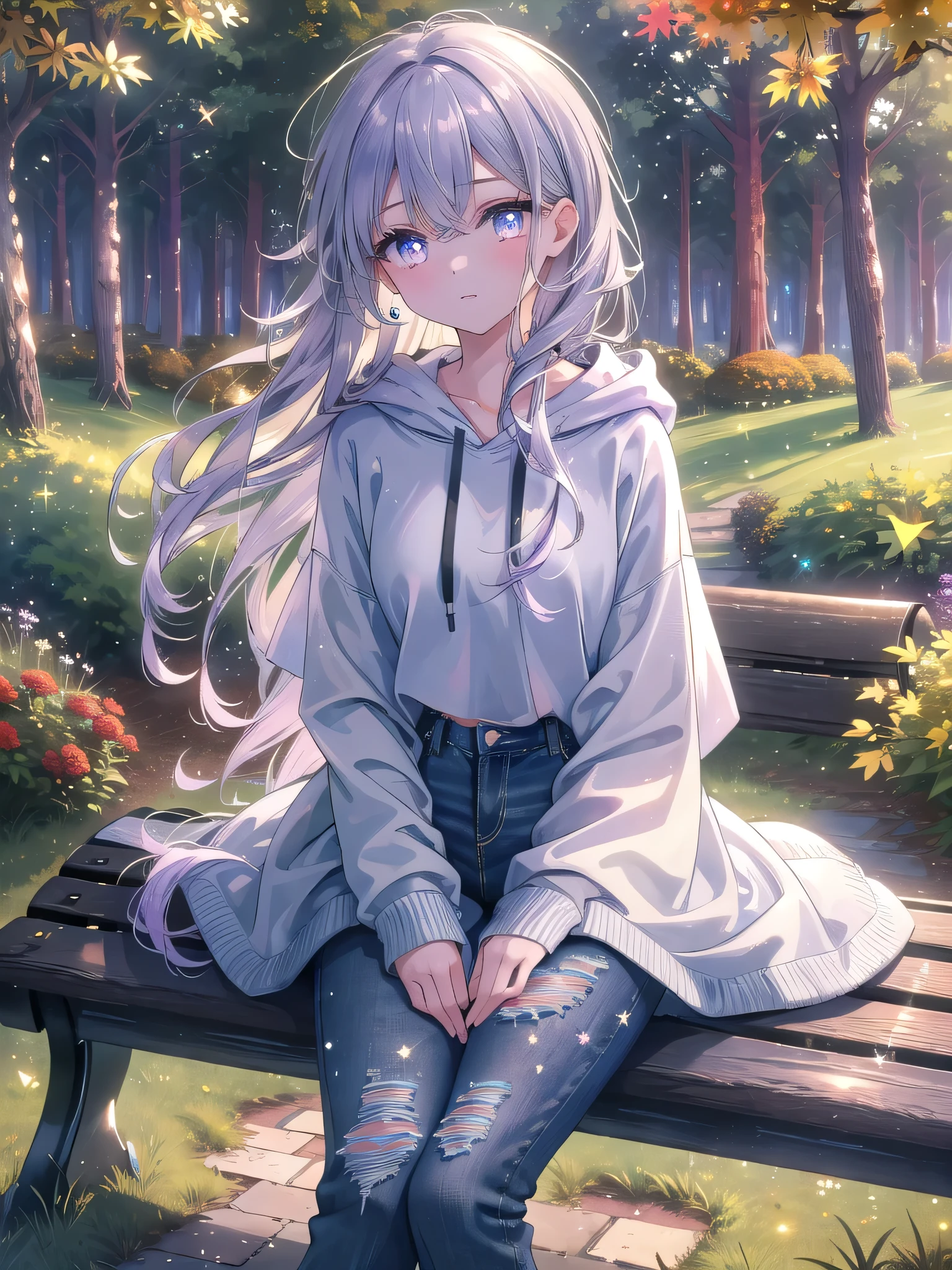 ((8k, Highest quality, masterpiece: 1.3)),Ultra-high resolution,(1 girl, alone), (Color changing eyes, Ultra-detailed, Expressive brilliance, Glitter, Glowing Eyes), Highly detailed eyes, Highly detailed face, Random Hair, ((pastel colour))A quiet park in the early morning, dew still visible on the grass. The woman is wearing a cropped hoodie in a soft lavender shade, with high-waisted, ripped skinny jeans. She’s sitting on a bench, her legs stretched out, leaning back with her hands behind her for support, looking up at the sky. Expression: A serene, thoughtful look. Details: Her long, straight hair falls over one shoulder. The light is soft, giving the scene a peaceful, early autumn vibe.