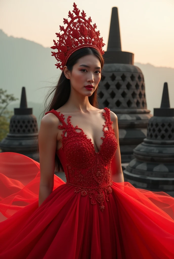 Create a glam shoot of Miss Supranational Indonesia with red Borobudur Crown in red gown