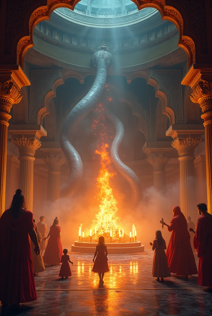 ek bada sa mahal hai usme havan ho raha hai or us havan me kai sap jal rahe hai