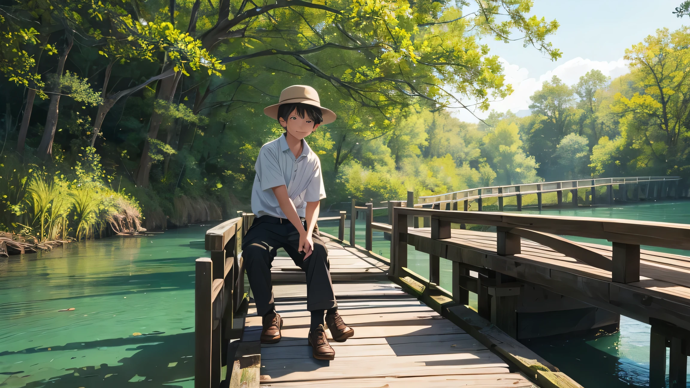 good-natured boy in a hat, sits on a wooden bridge, catches fish, hat, boy on the bridge, catches fish