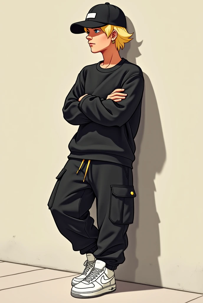 cartoon homem 2d drip, blond, in black cargo pants, black cap back, Black long-sleeved shirt, Air Force Sneakers White, simple earrings, very loose clothes, gold cord, with arms crossed, leaning against a wall without many details, etc.