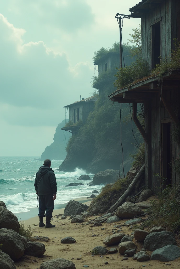 Man arriving at an abandoned coastal village