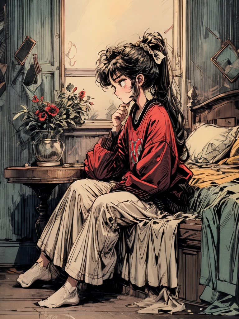 beni, solo, 1girl, yellow_pupils, black_hair, high_ponytail, red_flower_hair_ornament, Contemplating, (((background bedroom))), window, sleeping, table, large bedroom side, small character, (((full body))),