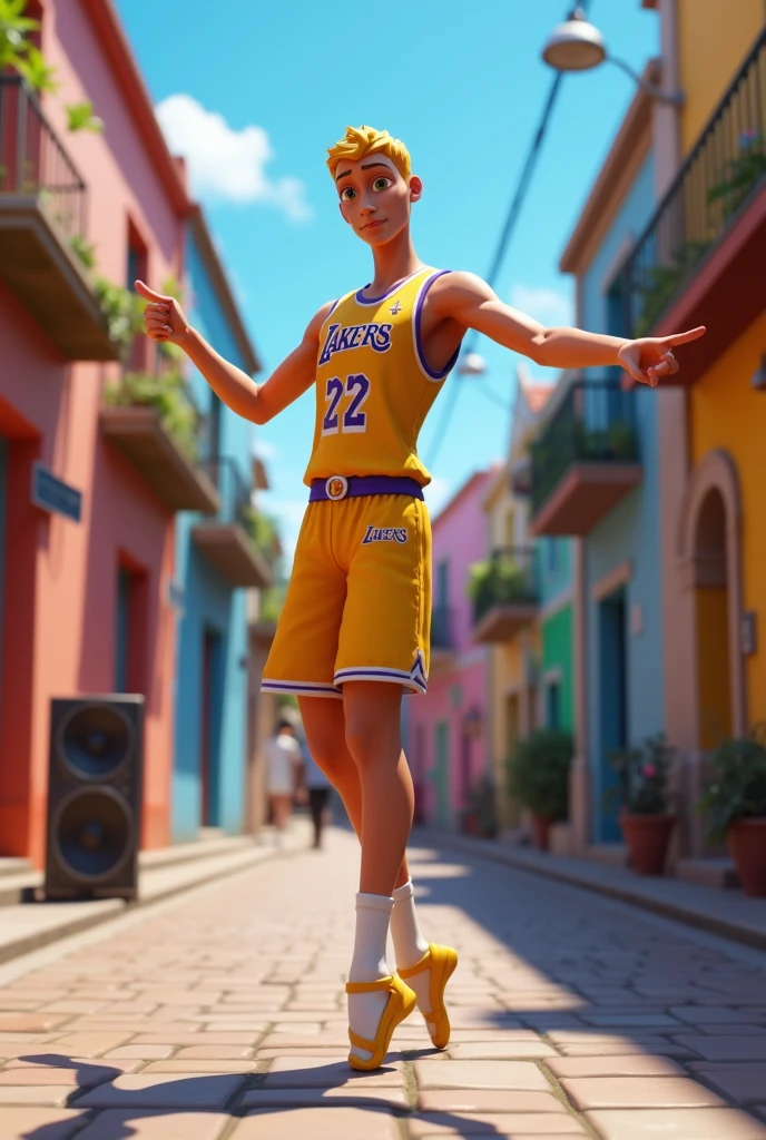 Generate the blonde agent jonesy from fortnite with laker clothes with a speaker in cartagena dancing ballet make him skinny and adult and make the face look like the art attack bust
