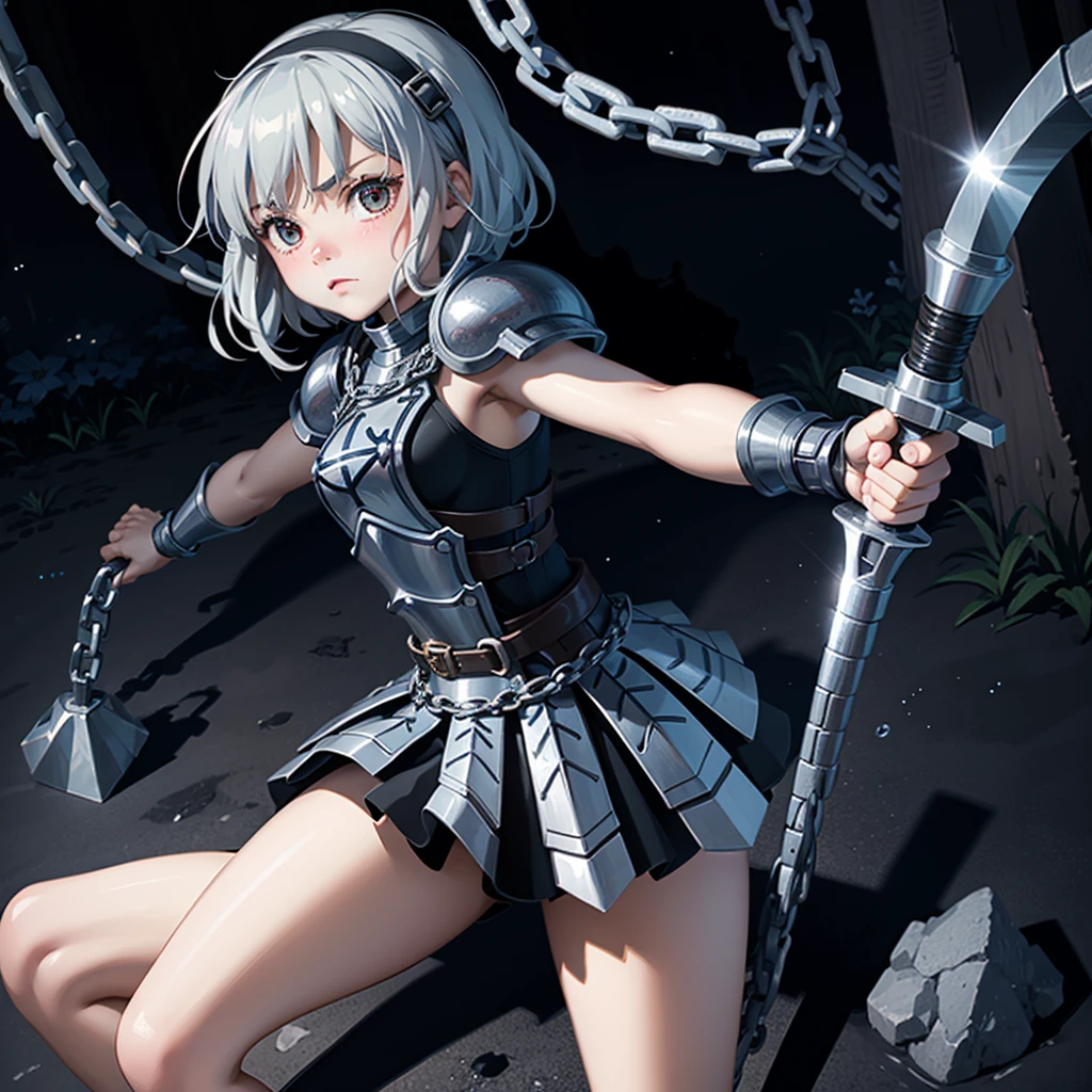 最high quality、high quality、Simple Cloth Armor、10Year-old girl adventurer、Equipped with a weapon that has a short chain at the end of a stick and a spiked iron ball at the end of the chain、In a dark maze