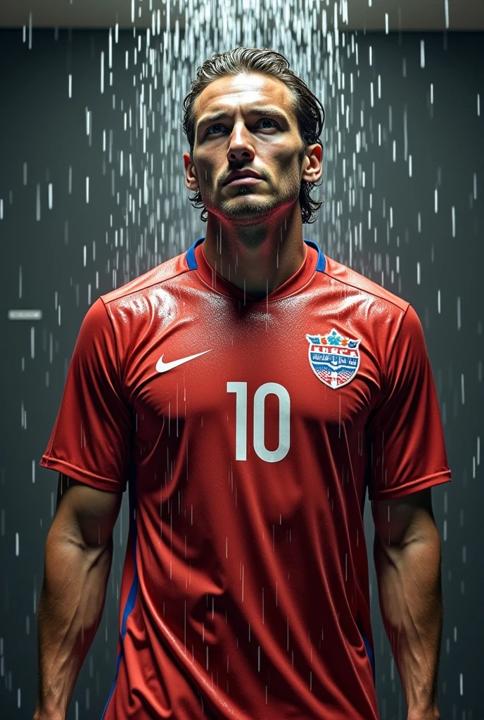 Luka modric showering completely wet soccerclothes. His hair is wet. Water flows ove his shirt and the shirt is completely soaked