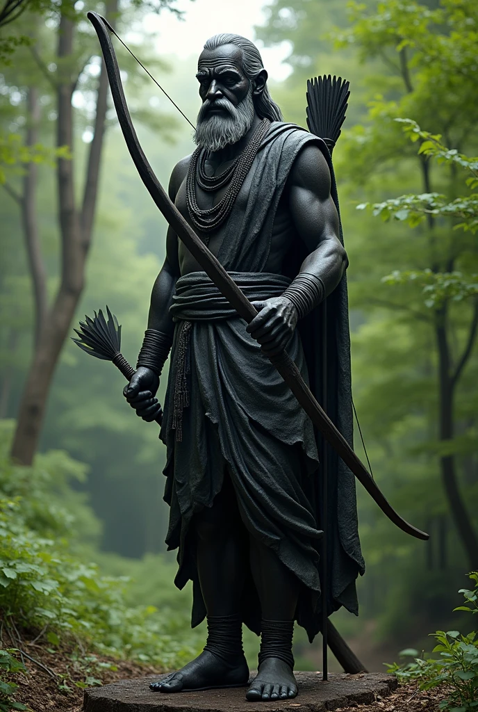 10 feet statue of guru Dhronacharya in a forest with bow and arrow in mythological theme with oldman skin of 60 years with average unfit body in front angle in a staue colour with black colour of statue expand the image and background with mid hair