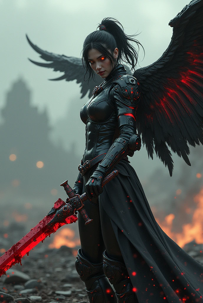 archangel lucifer,war effect,REAL - style image of a woman with a blood sword in a field, cyberpunk art inspired by Leng Mei, cgsociety contest winner, fantasy art, beautiful Mistresses angel girl, angel knight girl, as a mystical valkyrie, battle angel, angel in sexy bondage, mechanized valkyrie girl, unreal engine 4k wallpaper, wraith from apex legends, epic angel 8 wings, black wings