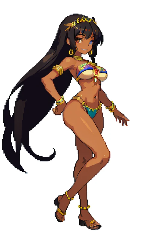 (masterpiece, top quality, best quality), pixel art, brown skinned anime Cleopatra wearing a bikini top, (long black hair), (hands on stomach), pussy, ass, presenting ass, medium breasts, smile,