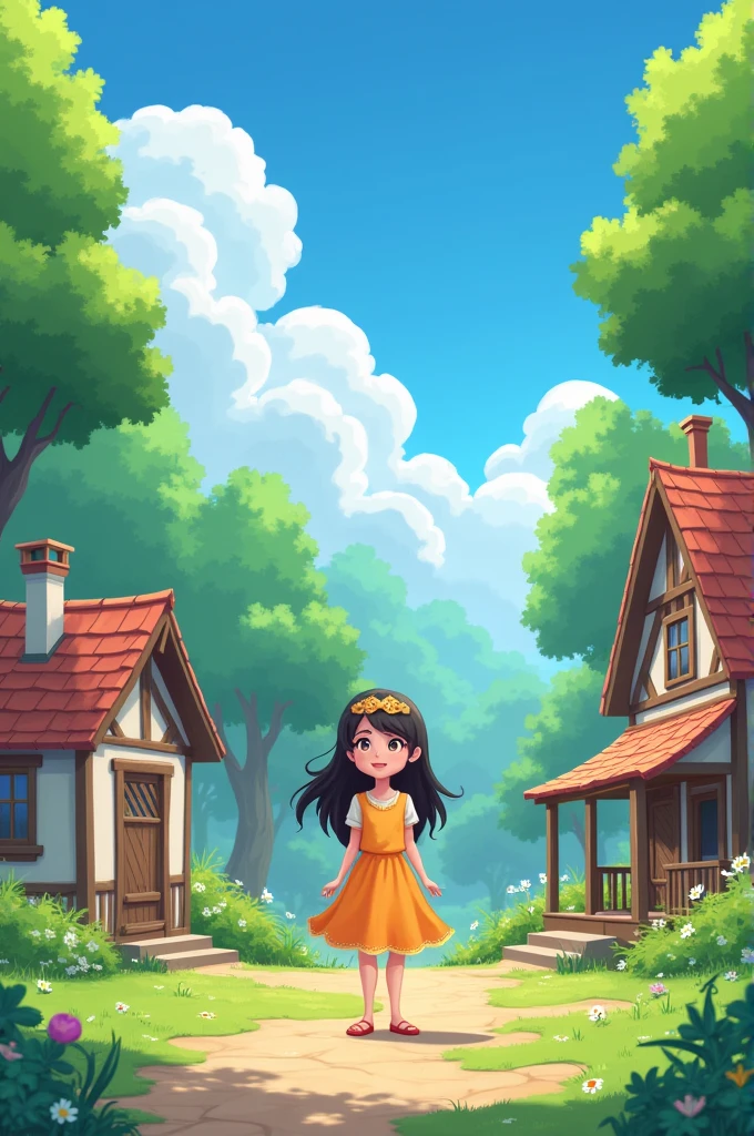A small, peaceful village with a cheerful named Lily standing in the foreground. She has a bright smile and is dressed in a simple, colorful dress. The village is quaint with a few cottages, trees, and a clear blue sky.