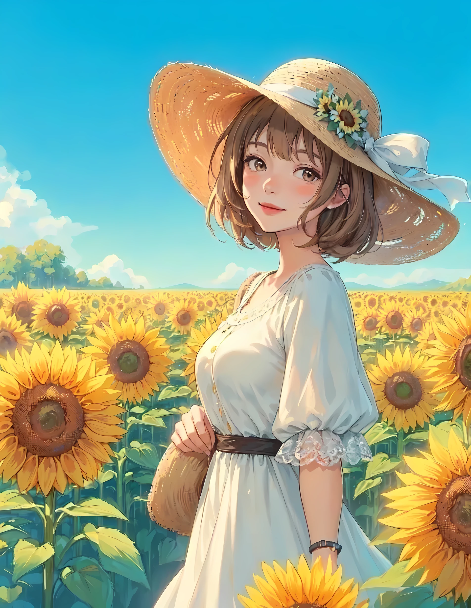 1lady solo, (looking back) (from behind), stylish outfit (refreshing attire), (sundress) (straw hat), (mature female:0.8), /(light brown hair/) bangs, blush kind smile, (masterpiece best quality:1.2) delicate illustration ultra-detailed, large breasts BREAK (vibrant sunflower field) outdoors, blue sky, sunlight, detailed background