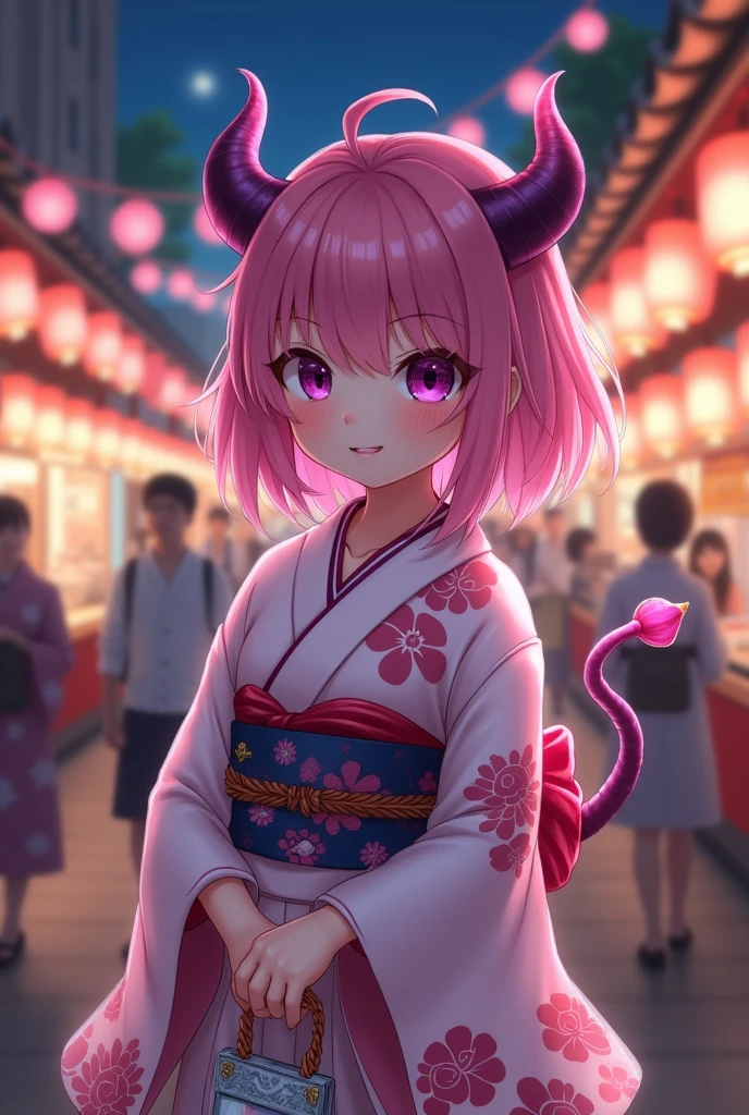 A 1 demon girl with a Hair middle, pink hair, purple eyes, wearing a yukata, and holding a bag, Festival in Japan At night, Cute smile.