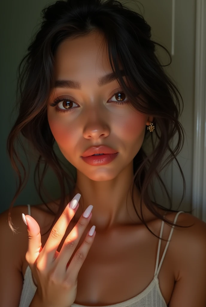 A pretty woman, south american, with the potential to be a great influencer, with a tender face, with a little shame, testing his bad breath on his hand 