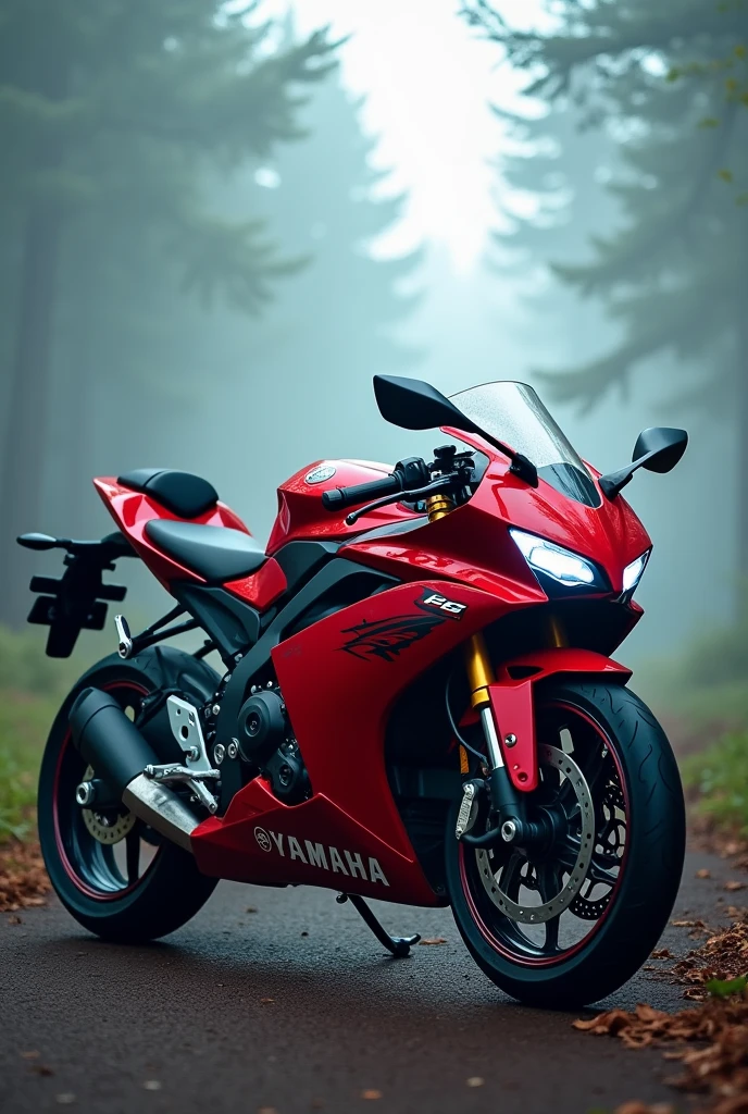 Indian Yamaha R15 version 4 red colour standing with foggy trees in background 

