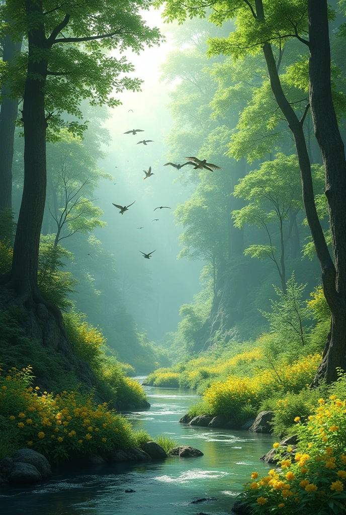 forest with river, yellow flowers and birds (4k hd)