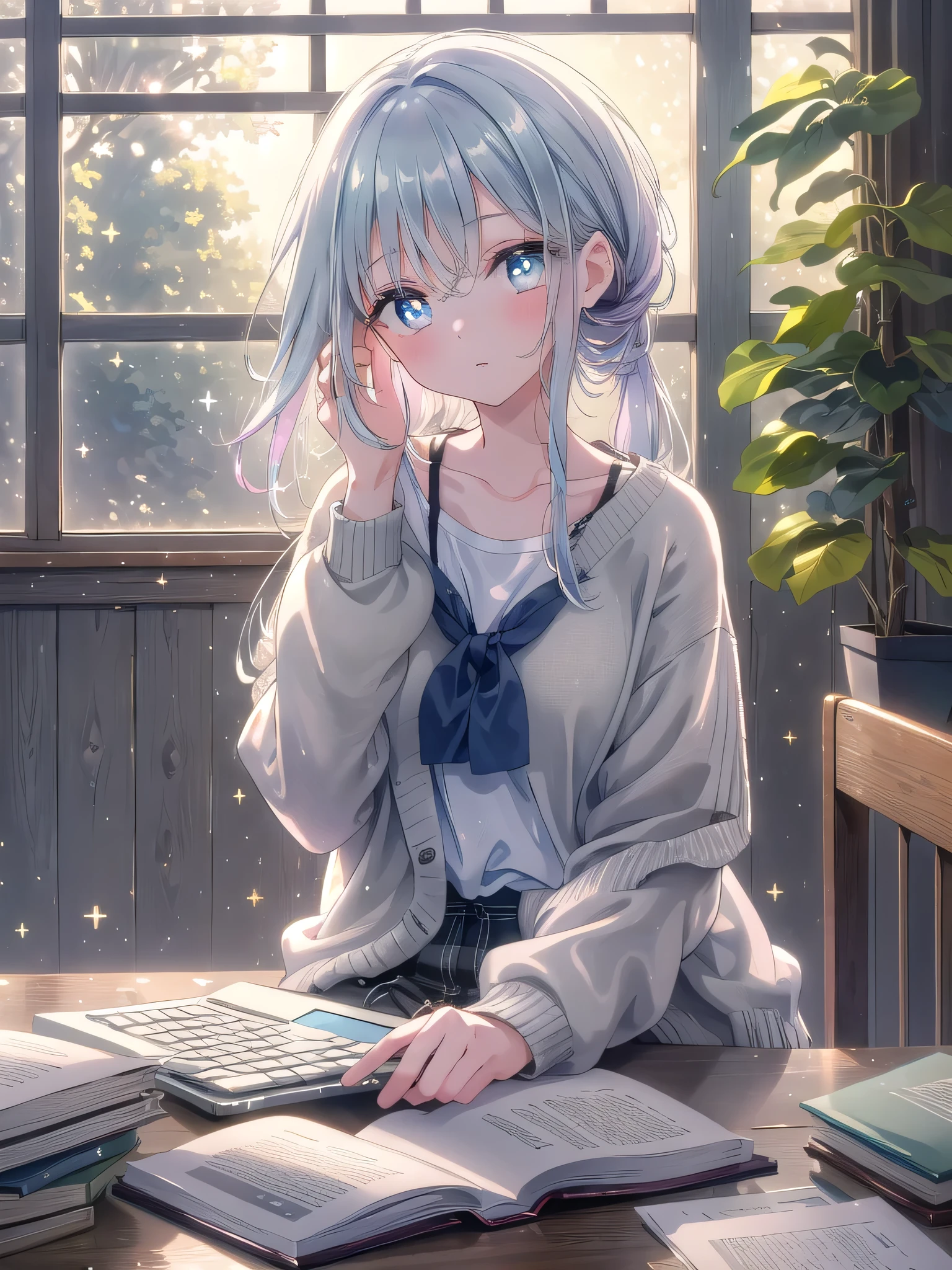 ((8k, Highest quality, masterpiece: 1.3)),Ultra-high resolution,(1 girl, alone), (Color changing eyes, Ultra-detailed, Expressive brilliance, Glitter, Glowing Eyes), Highly detailed eyes, Highly detailed face, Random Hair, ((pastel colour))A quiet university library, with rows of bookshelves and large windows overlooking a tree-lined campus. The woman is wearing a casual grey cardigan over a simple white T-shirt and blue skinny jeans. She’s sitting at a wooden study table, her laptop open, but she’s looking at the camera with a slight tilt of her head, as if she’s been interrupted. Expression: A mix of curiosity and amusement. Details: Her hair is loosely tied back, with a few strands framing her face. The afternoon light filters through the windows, creating a calm and studious mood.
