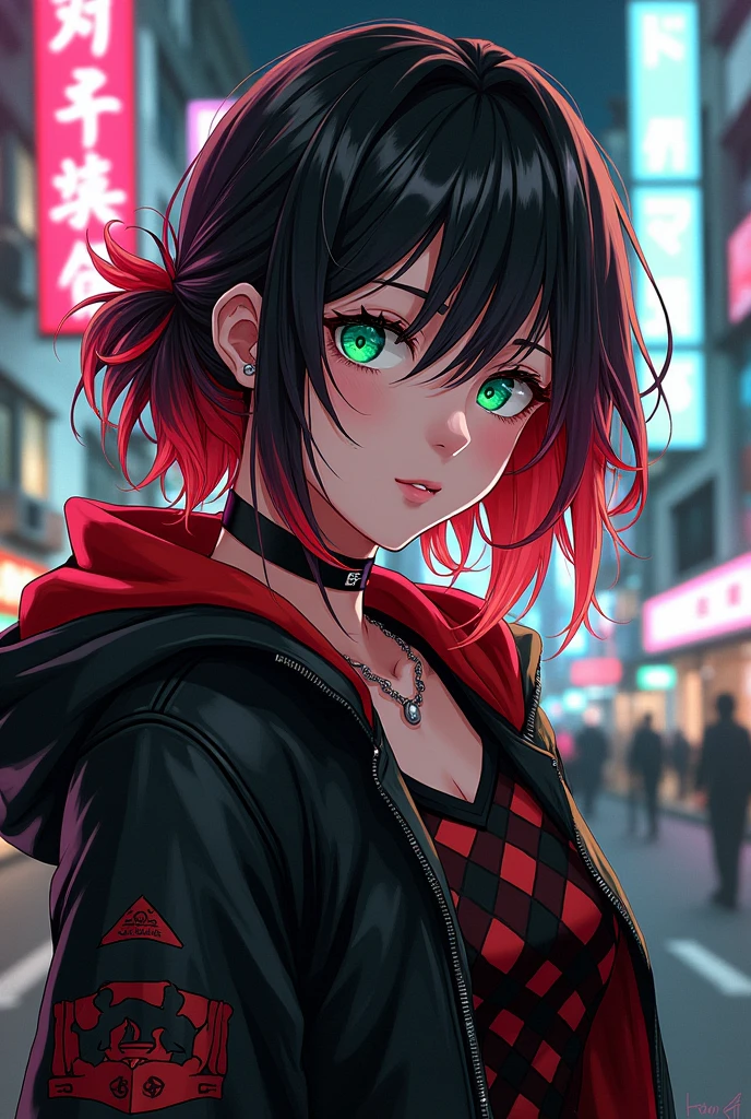 create a female character in Tokyo revengers artstyle with red, white and black hair color and pale green eyes