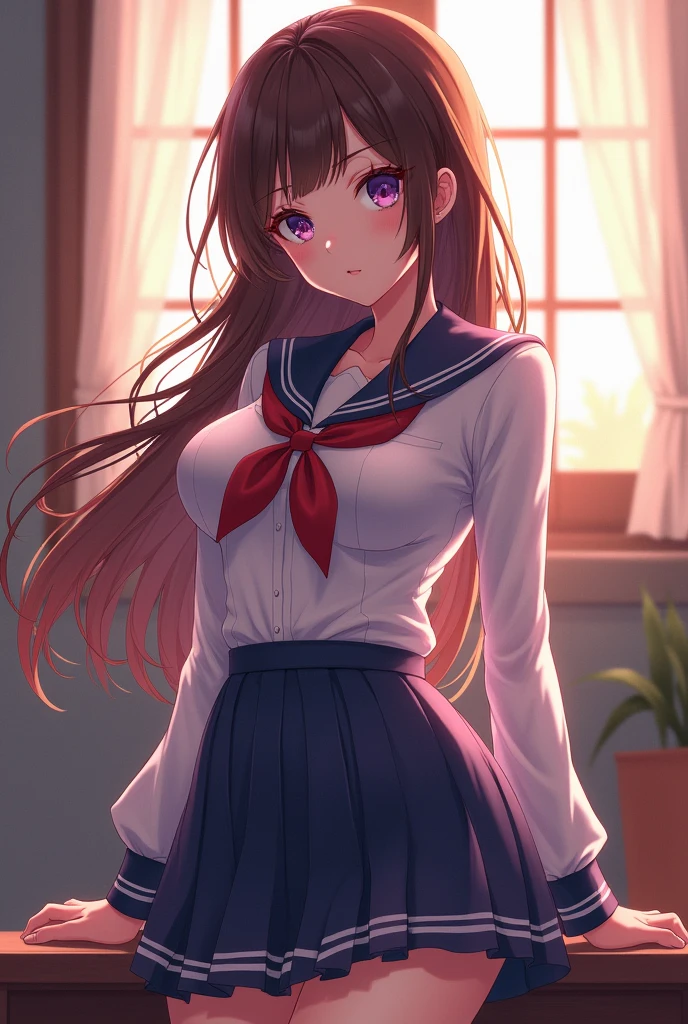 (anime hentai) a beautiful 1 girl, White skin, violet eyes and brown hair, wearing a school uniform.
With big tits and ass