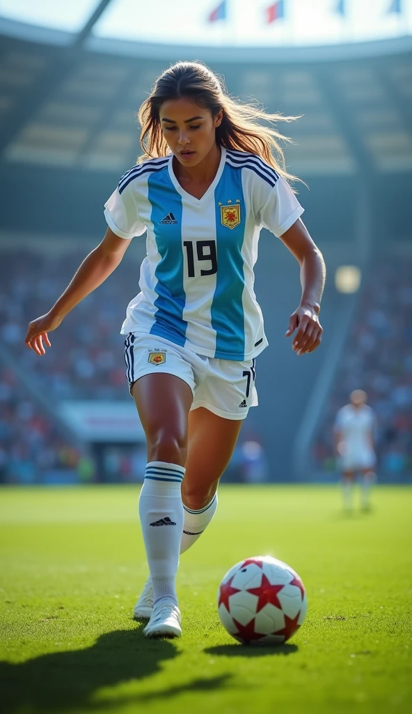 A very beautiful woman dribbling, Argentina national team uniform, whole body