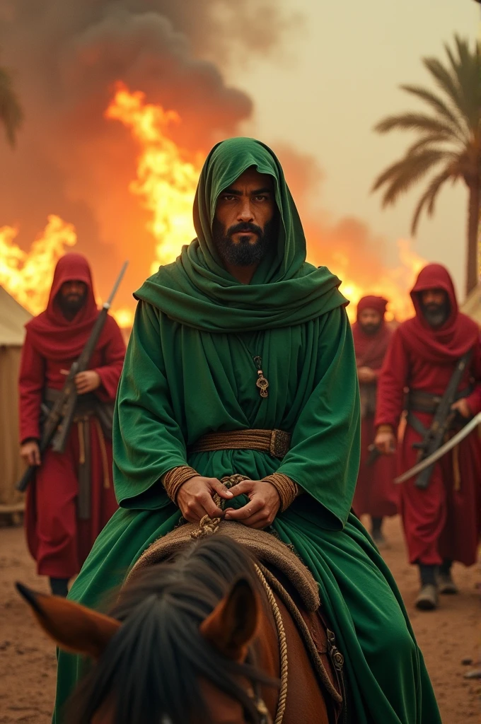 A men wear green hijab sitting hourse,
both hand are tied by rope,
Burning tents,
Burning date tress,
Some men wear red battle suit with sword