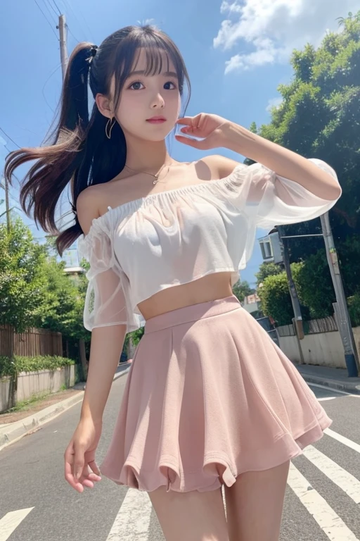 cute､high school girl､Idol､Off the shoulder､mini skirt､See-through､Fluttering in the wind
