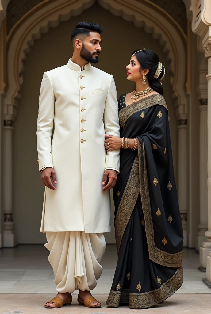 A slim fit guy wearing a white sherwani with buttons closed till the top and white dhoti underneath and looks neat and has a sahera too and has thin shaved beard and short hair also and is standing next to his girl who is chubby and cute holding her hand who is wearing a black saree and jeweleries and make up too