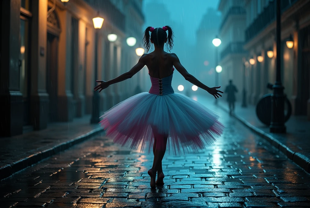 Image haute qualité 16K, photo realistic, ultra detailed, back plan, ground level plan, a woman seen from 3/4 Margot Robbie as Harley Quinn, stands alone on a cobbled Parisian street, il fait nuit. temps humide, raining down. she does classical dance steps, long tutu blanc, pink and blue, Wet body, silhouette a contre jour, donnant un sensation de mystique, mysterious and at the same time frightening and terrifying 