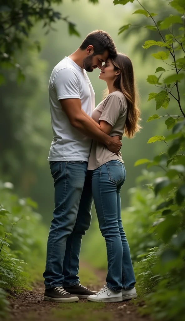 A cinematic medium shot of a man wearing a white t-shirt, jeans, and sneakers and a beautiful woman wearing jeans and a shirt both standing and hugging  with tears in the middle of the way.  The background is lush with greenery.