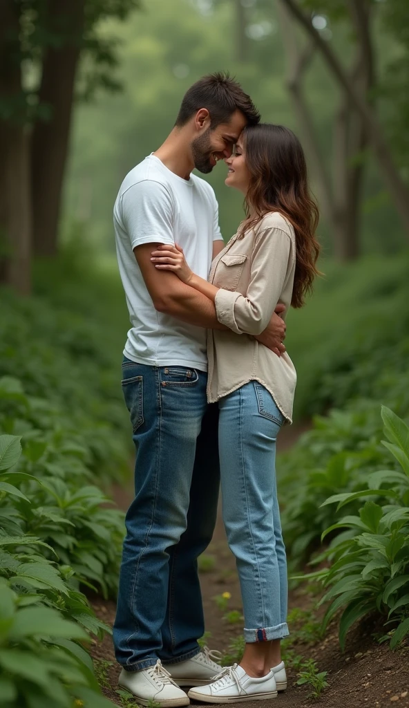 A cinematic medium shot of a man wearing a white t-shirt, jeans, and sneakers and a beautiful woman wearing jeans and a shirt both standing and hugging  with tears in the middle of the way.  The background is lush with greenery.